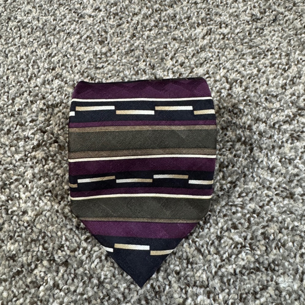 Vintage Monsieur Givenchy Silk Tie Purple Olive Green Geometric Extra Long Italy